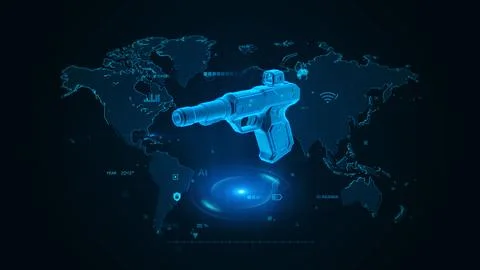 Futuristic Blue Digital Technology Map with Gun in Virtual Reality Stock Illustration