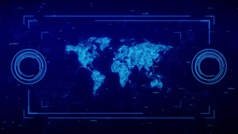 Futuristic Blue Digital World Map HUD Background with Glowing Data and Code Stock Footage 331294427