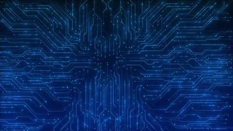 Futuristic blue electronic circuit bright cyan pathways, tiny glowing nodes, and Stock Footage 340571792