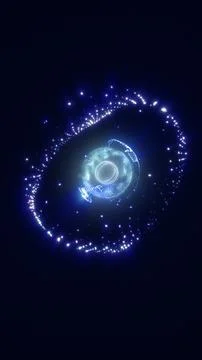 Futuristic blue energy core surrounded by orbiting particles, abstract digi.. Stock Illustration