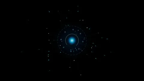 Futuristic blue energy node emitting glowing particles on black background .. Video stock 345984148