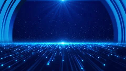 Futuristic blue fiber stage visual glowing data floor, star particles, top spotl Stock Footage 340527455