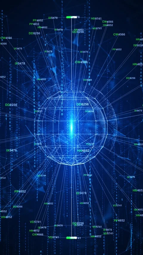 Futuristic blue global data sphere network rays, coding symbols, falling binary Stock Footage 333977448