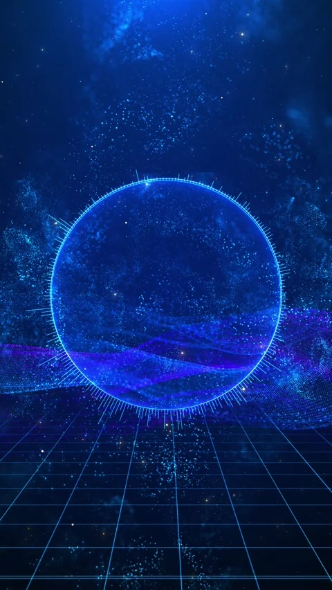Futuristic blue globe luminous ring, flowing mesh waves, tiny particles, space d Stock Footage 340416227