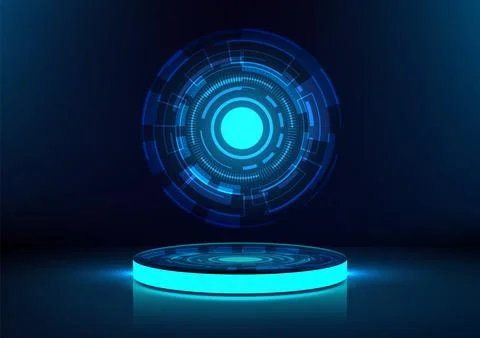 Futuristic blue glowing 3d platform with hud design high tech sci fi concep.. Illustrazione stock