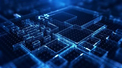 Futuristic Blue Glowing Circuit Grid With Digital Perspective Depth Stock Illustration