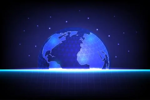 Futuristic Blue glowing Earth with hexagonal grid pattern, digital grid 库存插图