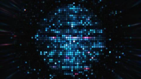 Futuristic blue glowing LED halftone dots sphere on dark background. Stockillustratie