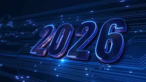 Futuristic Blue Glowing Neon Light Happy New Year 2026 Text Reveal. Future Great Stock Footage 320776790