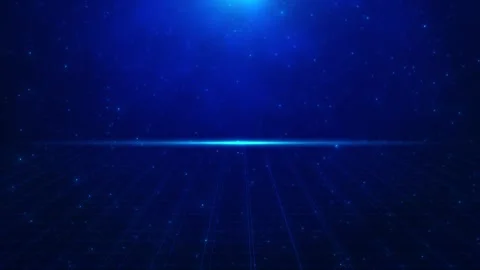 Futuristic blue grid stage visual glowing horizon flare, dark empty space, and s Stock Footage 340479878