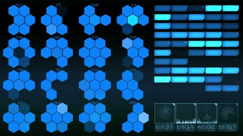 Futuristic Blue Hexagon Interface, Data Panels HUD Visualizations Stock Footage 320957696
