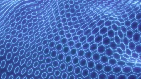 Futuristic blue hexagonal light grid forming a dynamic 3D wave pattern, symbo Stock Illustration