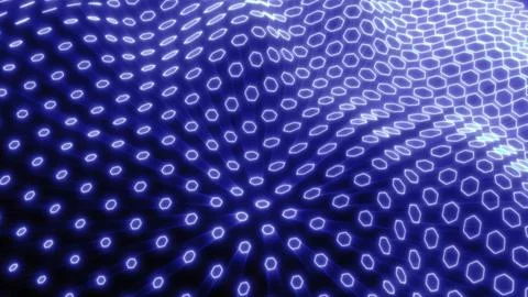 Futuristic blue hexagonal light grid forming a dynamic 3D wave pattern, symbo Foto stock