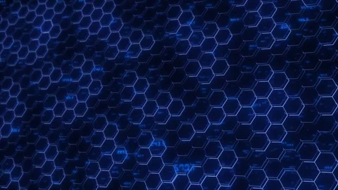Futuristic blue honeycomb data visual hexagon grid layers, glowing numeric marks Stock Footage 340565447