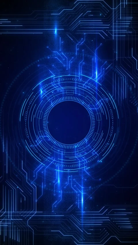 Futuristic blue HUD circle backdrop radar rings, circuit paths, luminous nodes Stock Footage 334106673