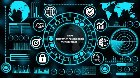 Futuristic Blue HUD CRM Customer Relationship Management Interface Screen 4K Stock Footage 341176508