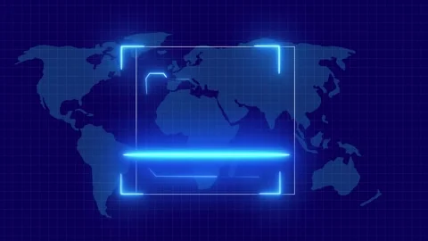 Futuristic blue HUD frame over world map. Futuristic blue HUD for global sa.. Stock Footage 337815856