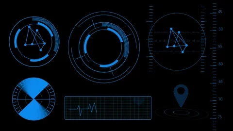Futuristic blue HUD interface with circular elements, graphs, and world map.. Stock Footage 259767547