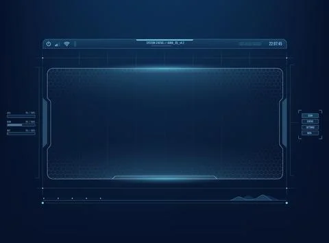 Futuristic blue HUD interface design central screen panel with a glowing he.. Illustrazione stock