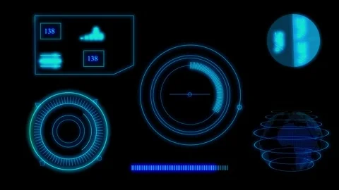 Futuristic blue HUD interface elements animated on a black background Stock Footage 259766357