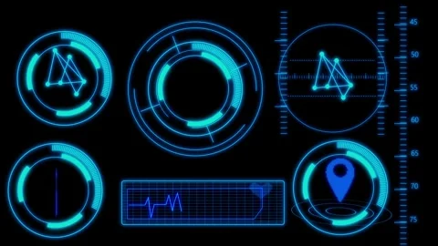 Futuristic blue HUD interface elements animated on a black background. Stock Footage 259767593