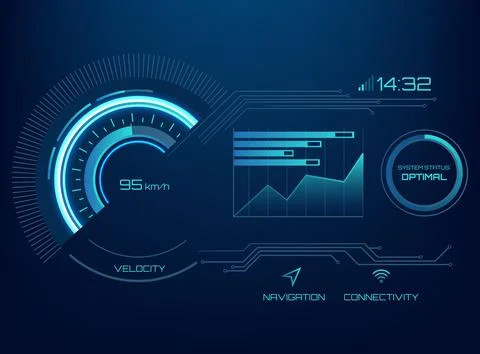 Futuristic blue HUD interface featuring a digital speedometer, analytical d.. Stock Illustration