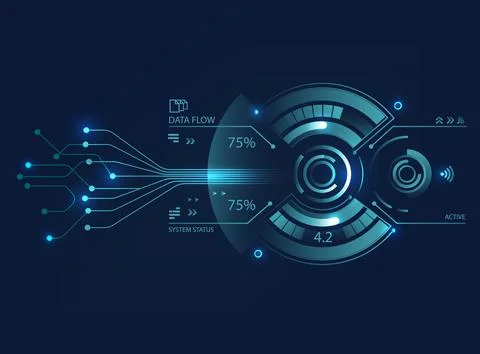 Futuristic blue HUD interface featuring circular data visualizations, perce.. Stock Illustration