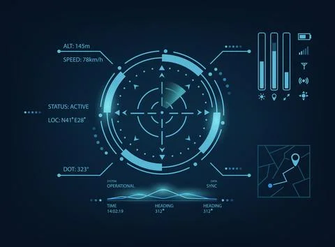 Futuristic blue HUD interface featuring a central radar scanner, digital te.. Stock Illustration