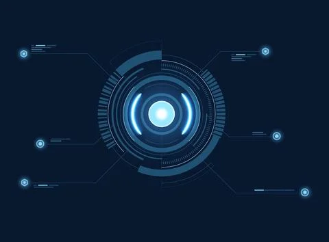 Futuristic blue HUD interface glowing central circular core with digital da.. Illustrazione stock