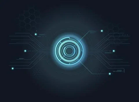 Futuristic blue HUD interface glowing central circular element, circuit boa.. Illustrazione stock