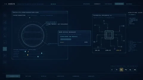 Futuristic Blue HUD Interface with Satellite Tracking and Progress Bar Stock Footage 341677276