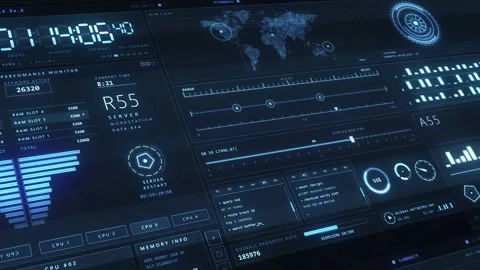 Futuristic Blue HUD Server Dashboard with Digital Data and Glitch Stock Footage 341677227
