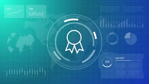 Futuristic blue interface background featuring rotating award medal icon Stock Footage 324943373