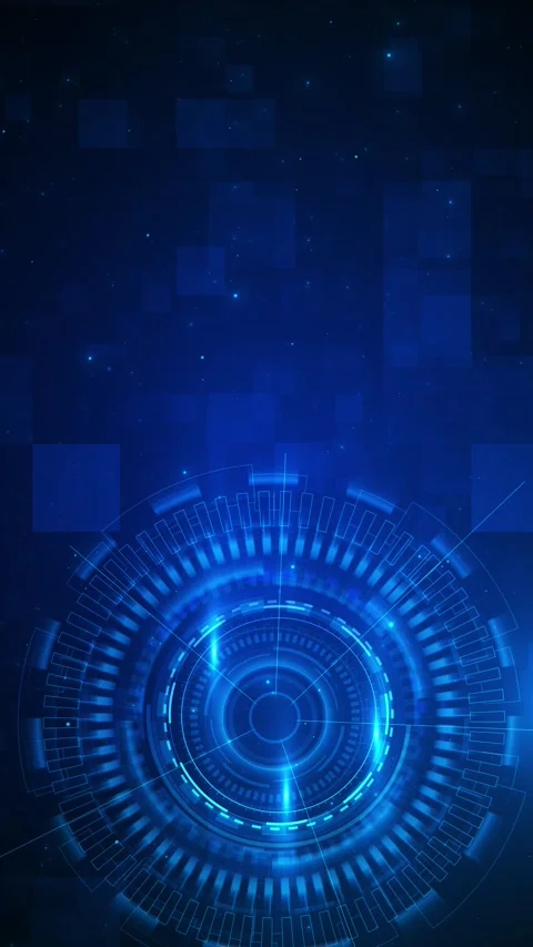 Futuristic blue interface rings with digital square texture, dark left copy Stock Footage 334126368