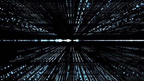 Futuristic blue light particles form a symmetrical data tunnel on black backg Stock Footage 325988482