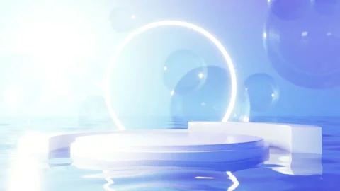 Futuristic blue liquid podium stage with floating spheres with background scene Stock Footage 344248778