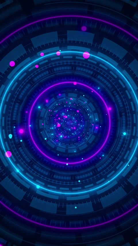 Futuristic blue magenta interface rotating circular HUD rings, glowing particles Stock Footage 340477014