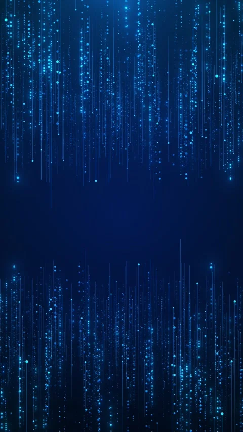 Futuristic blue matrix visual falling cyan dots, light streams, dark digital spa Stock Footage 340470370