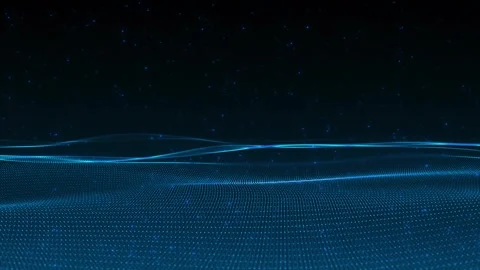 Futuristic blue mesh wave visual tiny light points, flowing data surface, distan Stock Footage 340528448