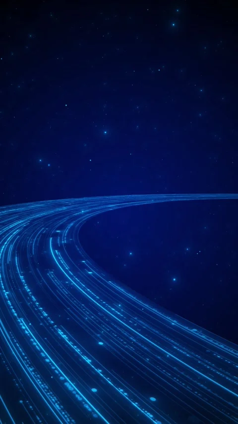 Futuristic blue motion path glowing curved lines, starry dark background, Stock Footage 340477390