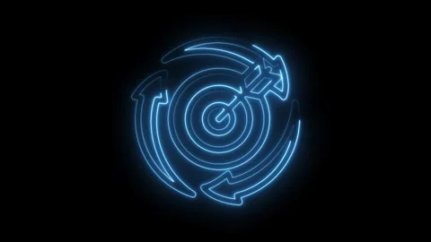 Futuristic blue neon circular maze with arrows glowing on black background .. Stock Footage 346013951