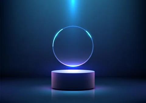 Futuristic blue neon ring on dark background, glowing 3d circular pedestal,.. Stock Illustration