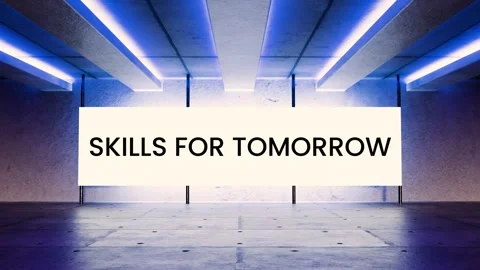 Futuristic blue neon screen with glowing “Skills for Tomorrow” text Video stock 312544209