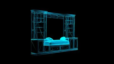 Futuristic Blue Neon Wireframe of a Bed with Integrated Shelving Unit Design Illustrazione stock