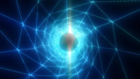 Futuristic blue network tunnel with glowing nodes and connecting lines Stock Footage 329554665