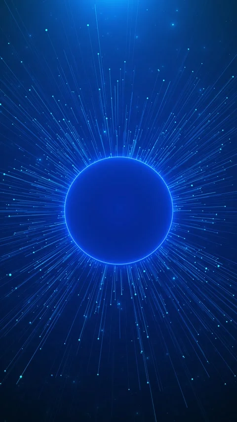 Futuristic blue orb explosion with bright rim glow, outward data rays, Stock Footage 334126523