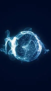 Futuristic blue particle sphere surrounded by swirling vapor trails, formin.. Stockillustratie