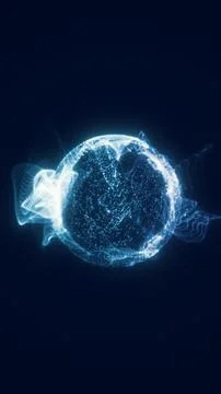 Futuristic blue particle sphere surrounded by swirling vapor trails, formin.. Stock Illustration