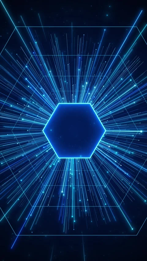 Futuristic blue polygon light background glowing hexagon center, long electric r Stock Footage 340478496