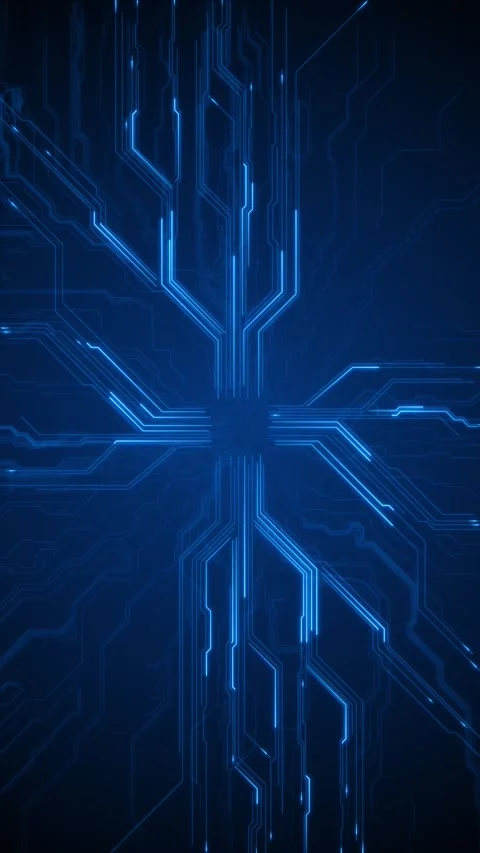Futuristic blue processor circuit scene luminous paths, central chip area, and s Stock Footage 340397449